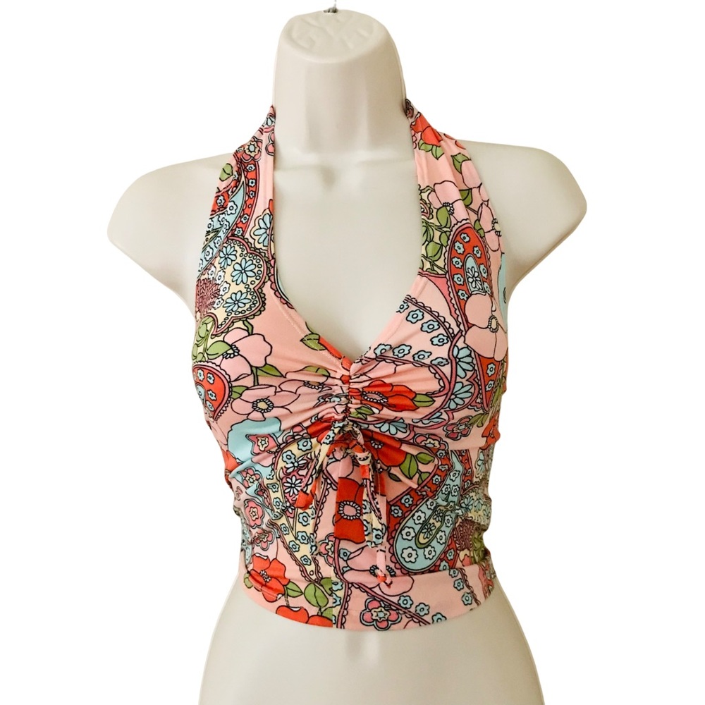 Y2K Style Sexy Pastel Pink Floral Halter Top Crop Top Fairy Geometric Medium